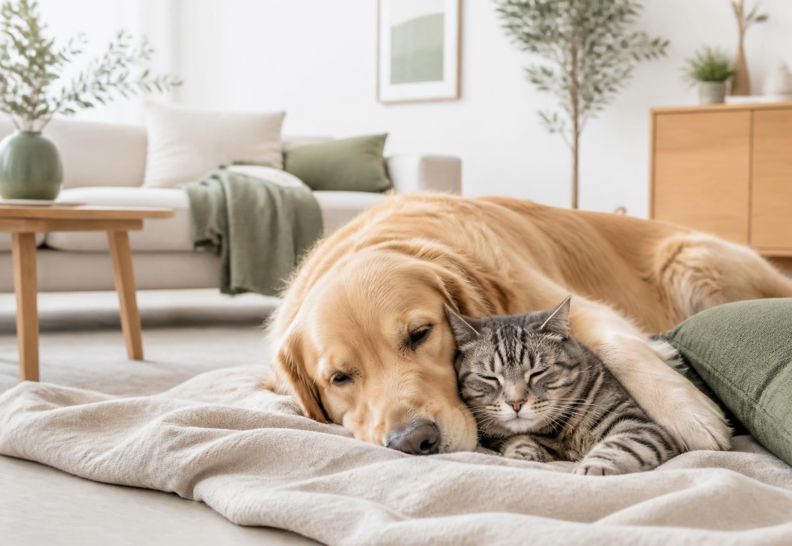 Cão e gato descansando juntos numa sala clara